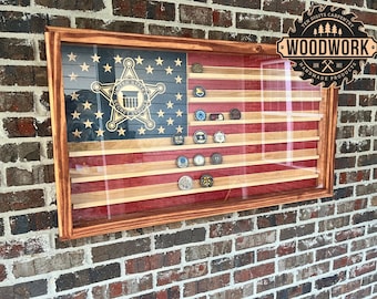 XL Glass Encased US Flag Challenge Coin Display Case w/ Sliding Door & Emblem (free personalization)