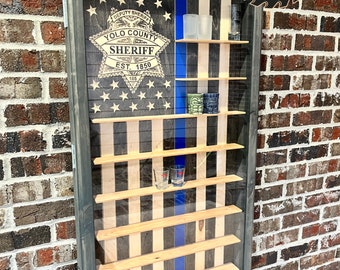 Large Glass Encased Vertical US Flag Thin Blue Line Shot Glass/Shaodw Box Challenge Coin Glass Display Case w/ Hinged Door & Emblem