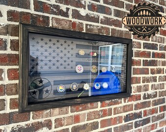 Med Glass Encased US Flag Subdued Challenge Coin Display Case w/ Hinged Door (free personalization)