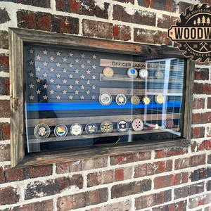 Medium Glass Encased US Flag Thin Blue Line i-CNC Challenge Coin Display Case w/ Hinged Door (free personalization)
