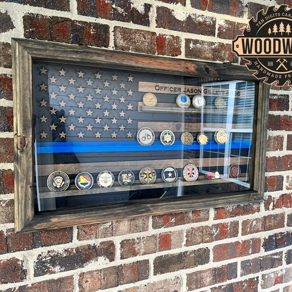 Medium i-CNC (Black/Gray) Subdued US Flag Thin Blue Line Challenge Coin Glass Display Case (w/ free personalization)