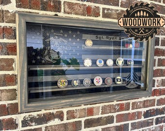Med Glass Encased US Flag i-CNC Subdued Challenge Coin Display Case w/ Hinged Door & USMC Emblem (free personalization)
