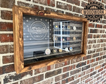 Med Glass Encased US Flag i-CNC Subdued Challenge Coin Display Case w/ Hinged Door & Emblem