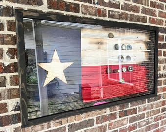 XL Glass Encased Rustic Texas Flag Challenge Coin Display Case w/ Sliding Door (free personalization)