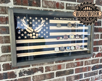 Med Glass Encased US Flag Subdued Challenge Coin Display Case w/ Sliding Door & Air Force Wings Emblem