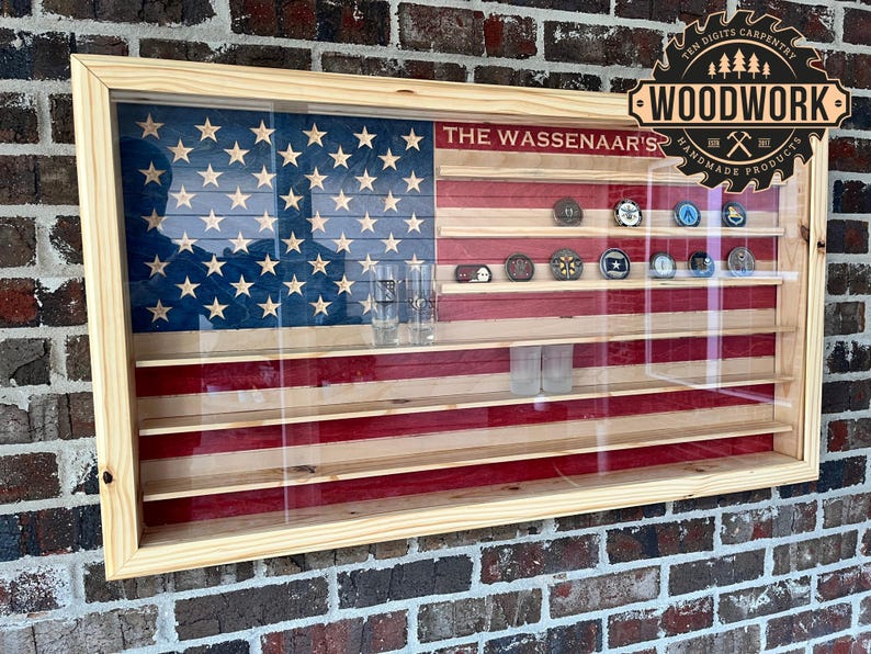 XL Glass Encased US Flag Shadow Box (or Shot Glass) Display Case W ...