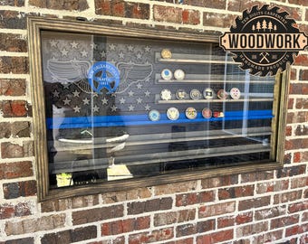 XL Glass Encased US Flag Thin Blue Line Challenge Coin Display Case w/ Hinged Door (free personalization)