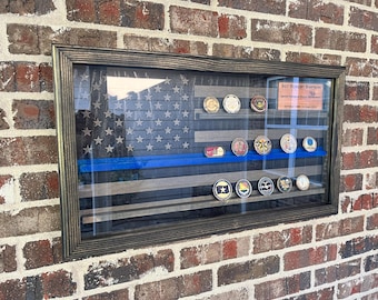 Med Glass Encased US Flag Thin Blue Line i-CNC Challenge Coin Display Case w/ Sliding Door (free personalization)