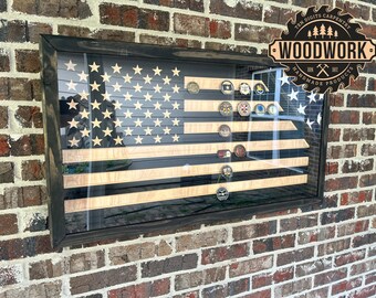 Large Glass Encased US Flag Challenge Coin Display Case w/ Flag Holder & Sliding Door (free personalization)