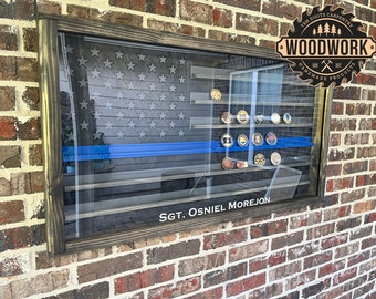 XL Glass Encased US Flag Thin Blue Line i-CNC Challenge Coin Display Case w/ Sliding Door (free personalization)