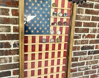 Large Glass Encased US Flag Vertical Challenge Coin Display Case