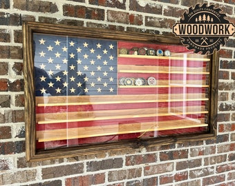 XL Glass Encased US Flag Challenge Coin Display Case w/ Hinged Door & DBL Grooved Shelves (free personalization)