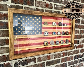 Med Glass Encased US Flag Challenge Coin Display Case w/ Sliding Door (free personalization)