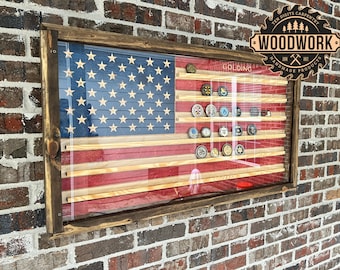 XL Glass Encased US Flag Challenge Coin Display Case w/ Sliding Door (free personalization)
