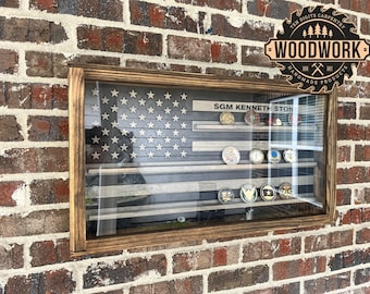 Med Glass Encased US Flag i-CNC Challenge Coin Display Case w/ Sliding Door (free personalization)