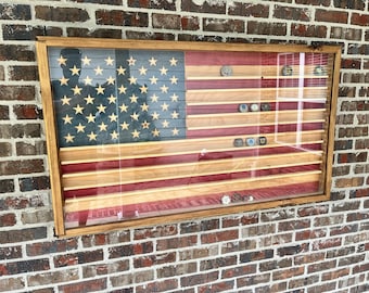 3XL Glass Encased US Flag Challenge Coin Display Case w/ Sliding Door (free personalization)
