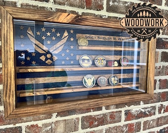 Small Glass Encased US Flag English Chestnut / AF Blue i-CNC cut Challenge Coin Case w/ Sliding Door (free personalization)