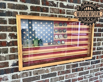 Large US Flag Shot Glass Display Case, Sliding Door, Personalized