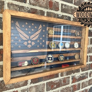 Small Glass Encased US Flag English Chestnut / AF Blue i-CNC cut Challenge Coin Case (w/ free personalization)