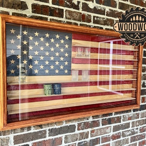 XL Glass Encased US Flag Shadow Box (or Shot Glass) Display Case w/ Hinged Door (free personalization)