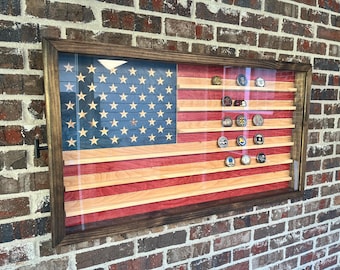 XL Glass Encased US Flag Challenge Coin Display Case w/ Sliding Door (free personalization)