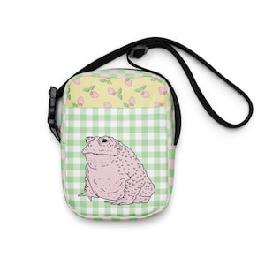 Strawberry toad pastel canvas crossbody bag: quirky and sweet hand drawn art accessory