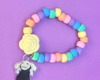 Geraldine rainbow charm bracelet with pony beads and yellow rose