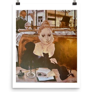 May include: A painting of a woman sitting in a cafe, looking thoughtful. She is wearing a black dress and has a black cat on her lap. The cafe is in the background, with a sign that says "Cafe" above the door.