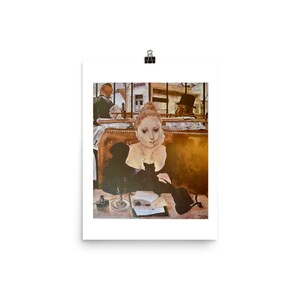 May include: A painting of a woman sitting at a table in a cafe. She is wearing a black dress and has a cat on her lap. The cafe is busy with other people.