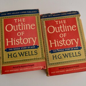 May include: Two vintage hardcover books with red and gold covers. The books are titled "The Outline of History" by H.G. Wells. The text on the cover states that over two million copies have been published.