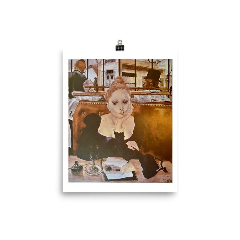 May include: A painting of a woman sitting in a cafe, wearing a black dress and looking down at a book. She is sitting at a table with a glass of wine and a pen. The cafe is busy with other people.