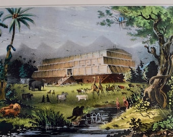 1978 Lithograph – Noah’s Ark by Currier & Ives – Vintage Nursery Wall Art – Animal Print – Unframed Americana for Baby Room