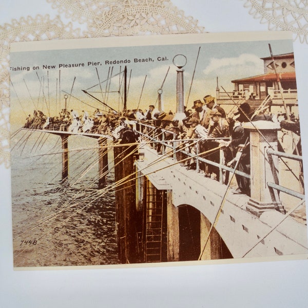 8x10 Vintage Photo, 1900's Fishing on New Pleasure Pier, Redondo Beach, California, Unframed Photo, Fishing Photo