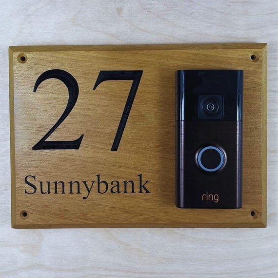 Personalized Iroko Wood House Sign With Space for Camera Doorbell