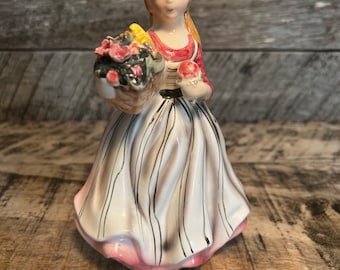 Vintage Ceramic Girl with Basket of Flowers Planter