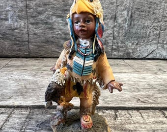 Vtg Native American Style Child Figurine Eagle Headdress Resin Decor