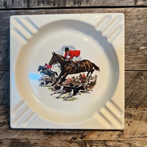 Ceramic Square Ashtray Fox Hunting Scene On Horse Back With Dogs