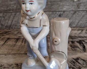 Ceramic Boy Chopping Tree Home Decor Vintage Figurines