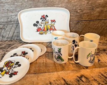 Vintage Disney Snack Set Mickey Minnie Donald Goofy Cups Saucers Tray