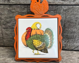 Vintage Cast Iron Turkey Trivet Ceramic Tile Hot Plate Thanksgiving Decor