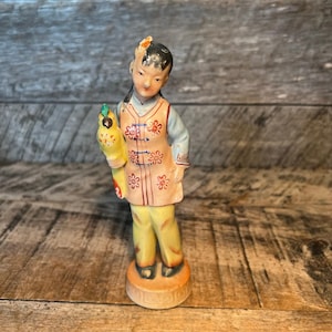 Vintage Japan Asian Girl Figurine Holding Bird Mid Century Ceramic