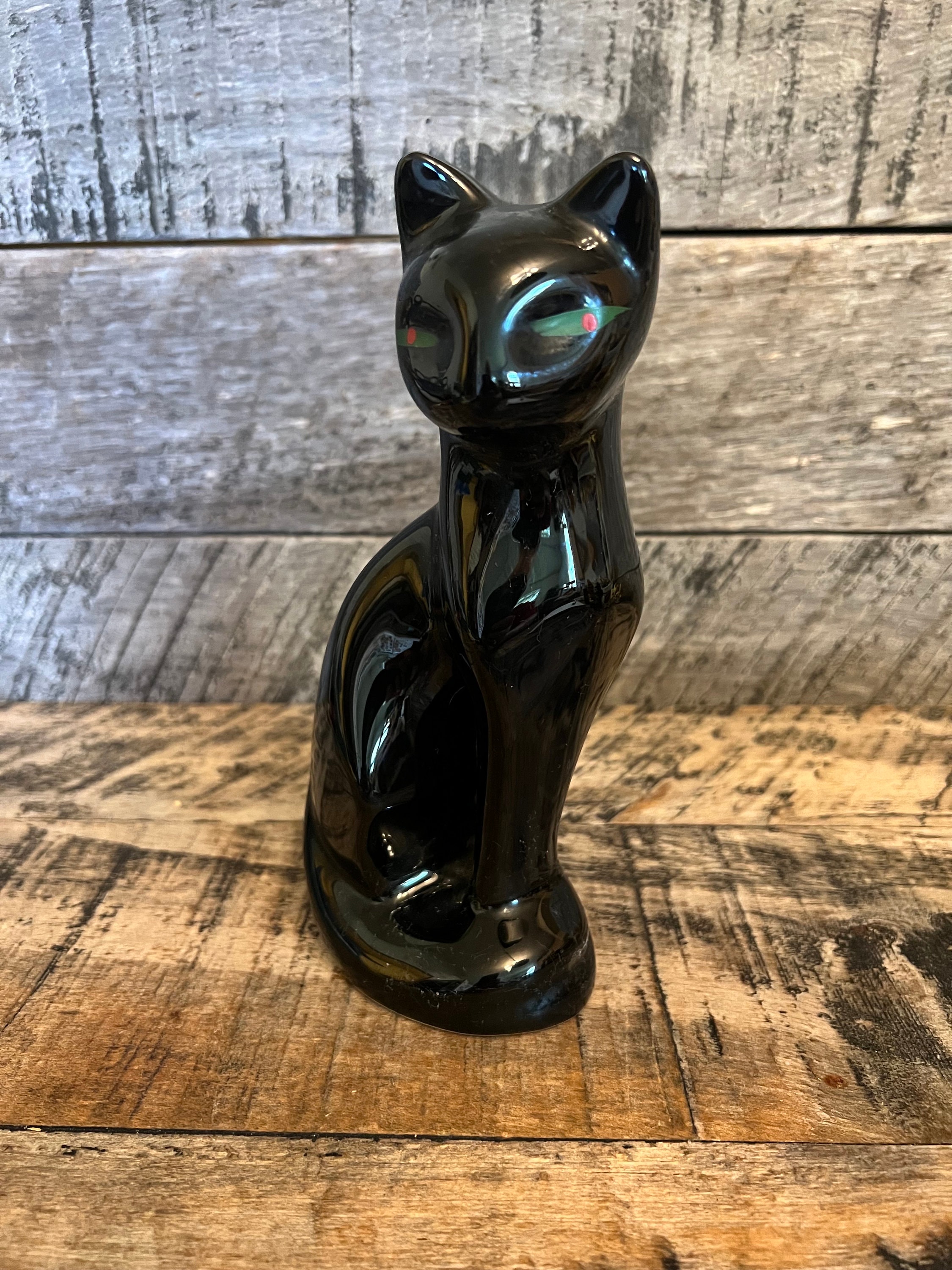 MCM Ceramic Black Cat Figurine Statue Sitting Hand Painted Green