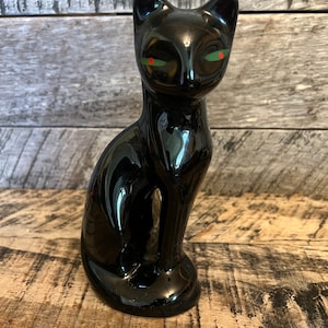 MCM Ceramic Black Cat Figurine Statue Sitting Hand Painted Green Eyes Vintage Home Decor