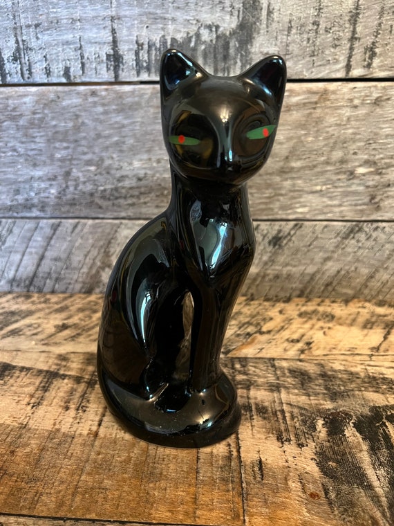 MCM Ceramic Black Cat Figurine Statue Sitting Hand Painted Green