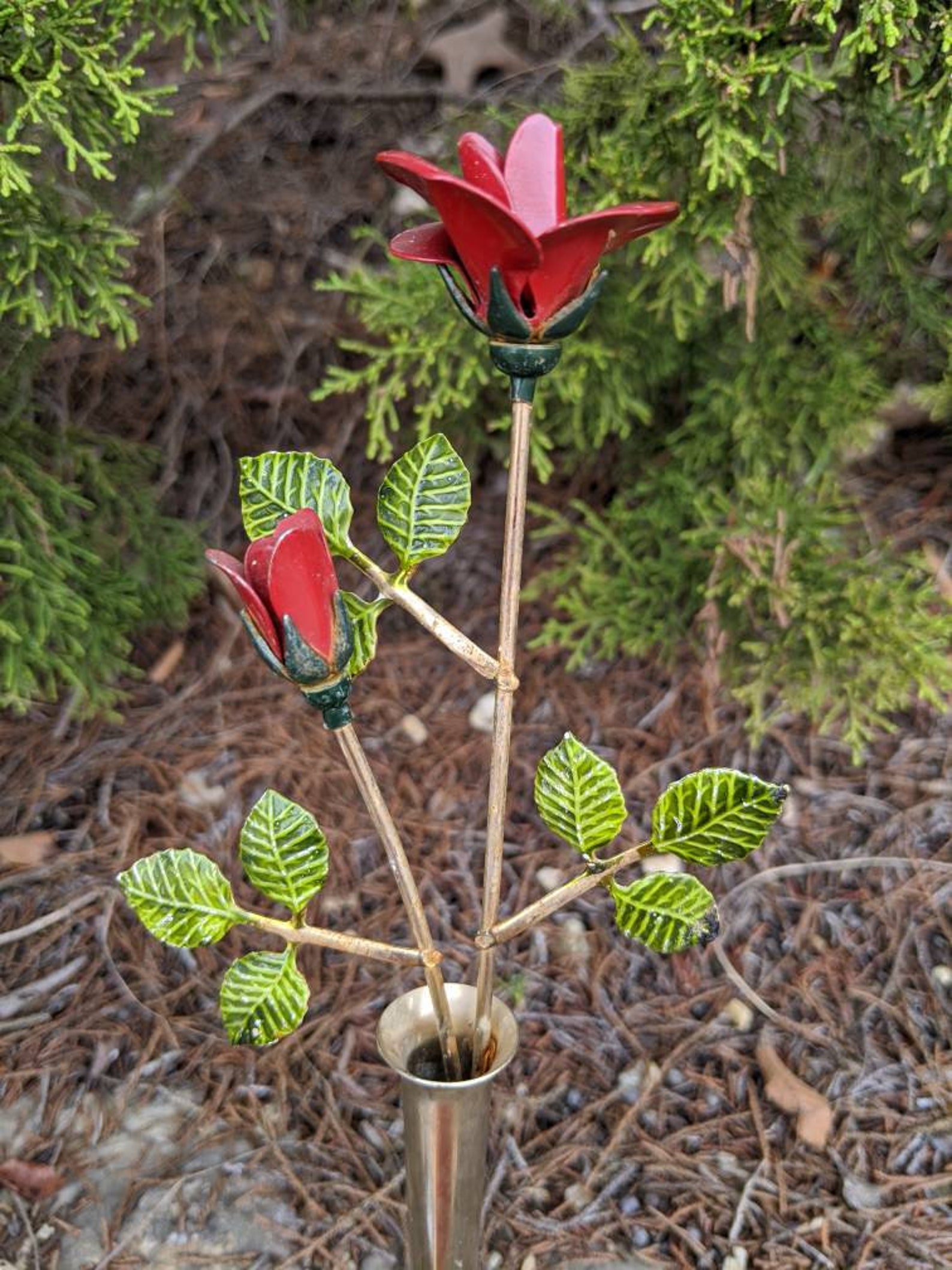 Vintage Brass Vase With Red Roses Etsy