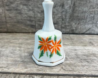 Vintage Porcelain Bell Orange Poinsettia Christmas Flower Gold Trim