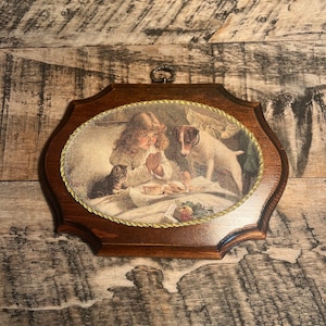 Vintage wooden plaque girl praying with dog