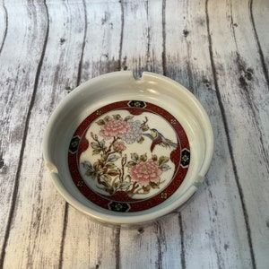 Vintage Ceramic Ashtray with Flowers and Birds