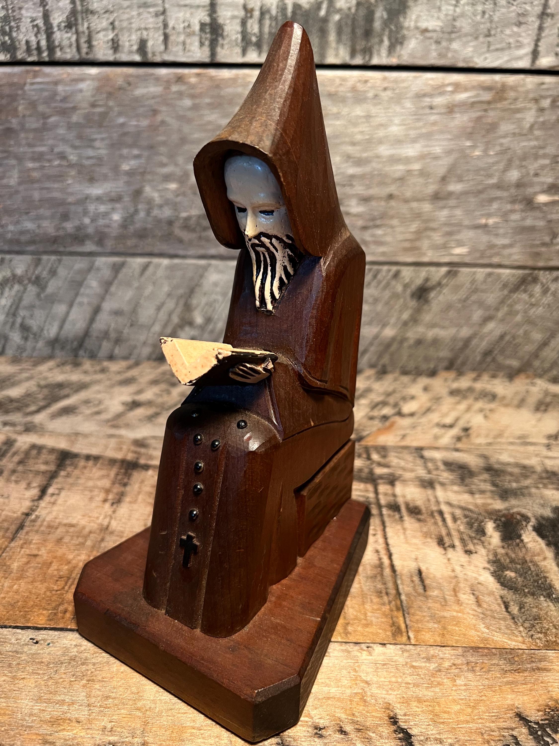 Hand-Carved Religious Figurine Wood Seated Monk Reading Folk Art Details