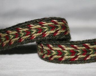 Tablet Woven Viking Trim/Band/Belt (100% Wool), 1-5 m, Green-Red, Without Tassels